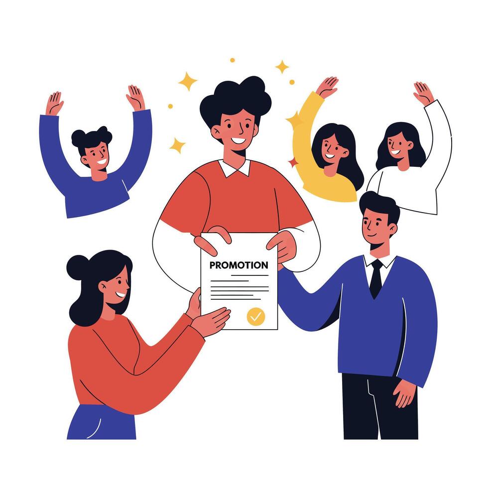 Group Celebrating Promotion with Happy Expressions in Flat Art vector