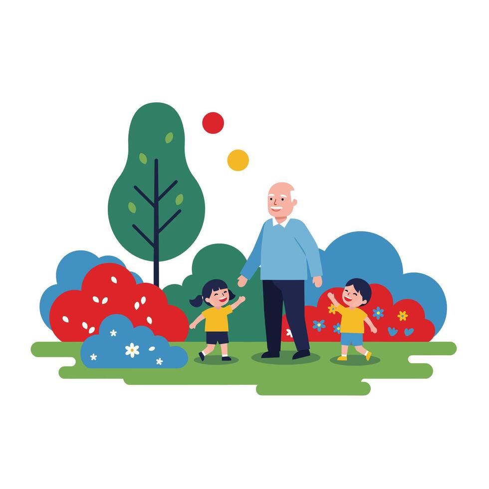 Happy children playing with their grandfather in a colorful flat illustration vector