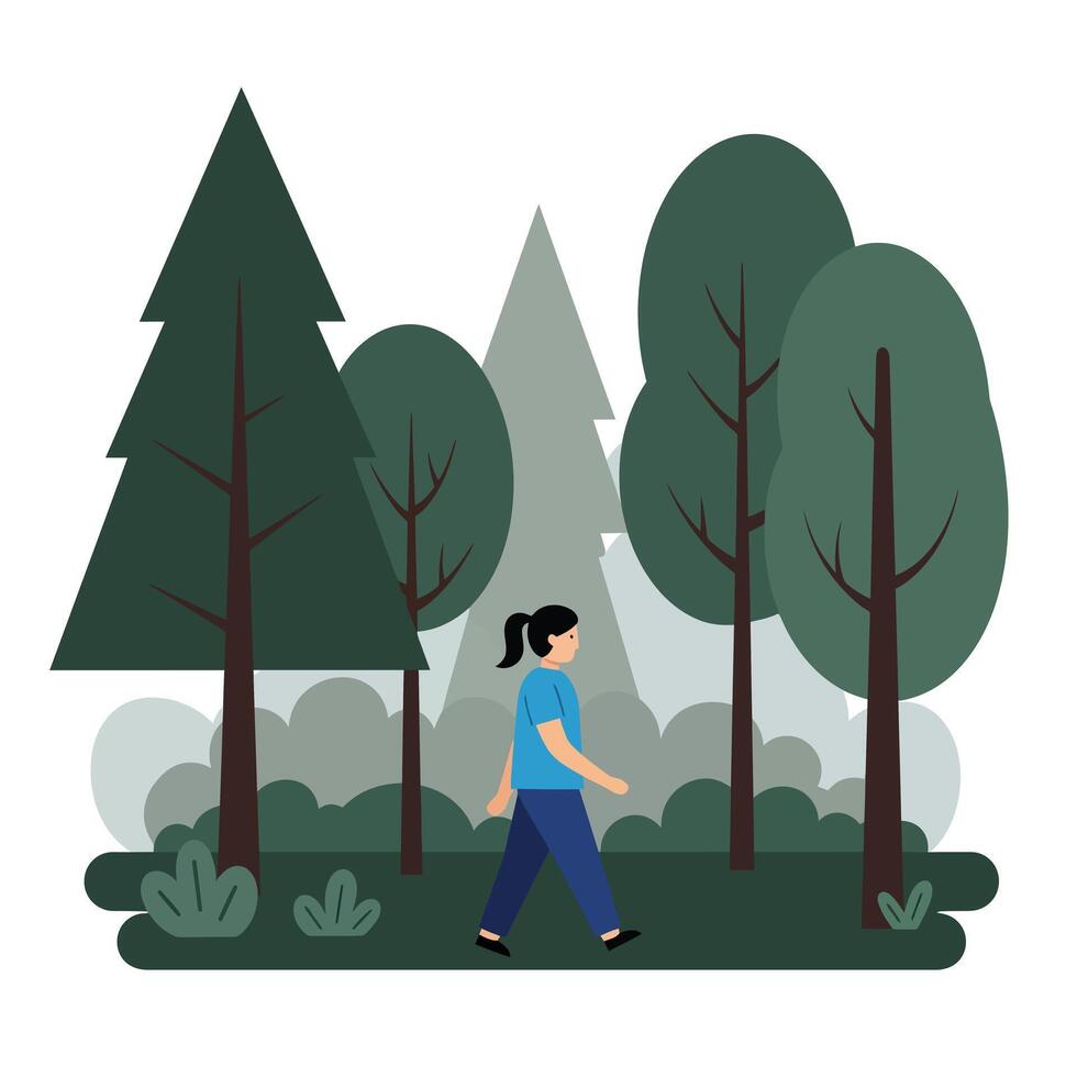 Person walking through a serene forest in flat style art vector