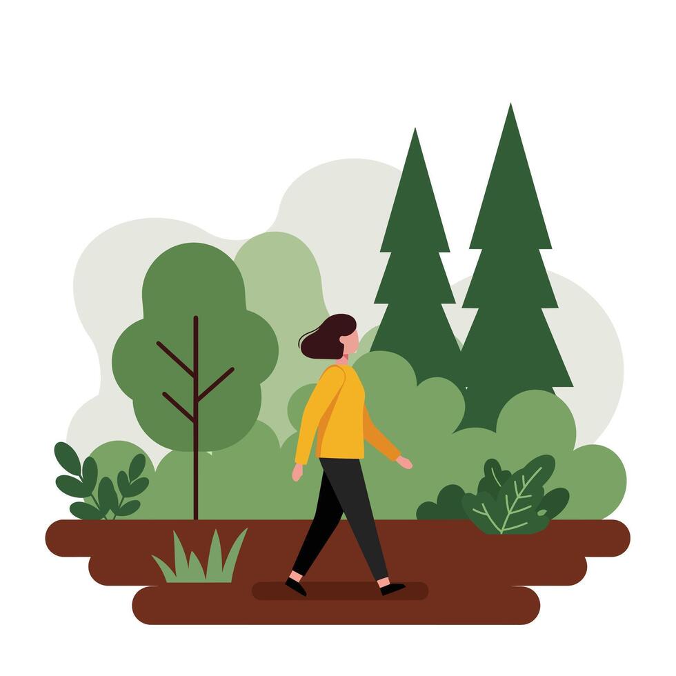 Person walking through a lush green forest in flat art style vector