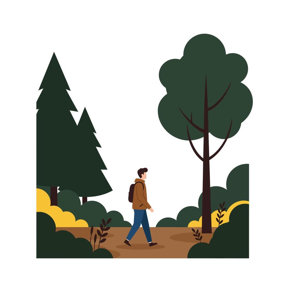 Person walking through a lush forest scene in flat illustration vector