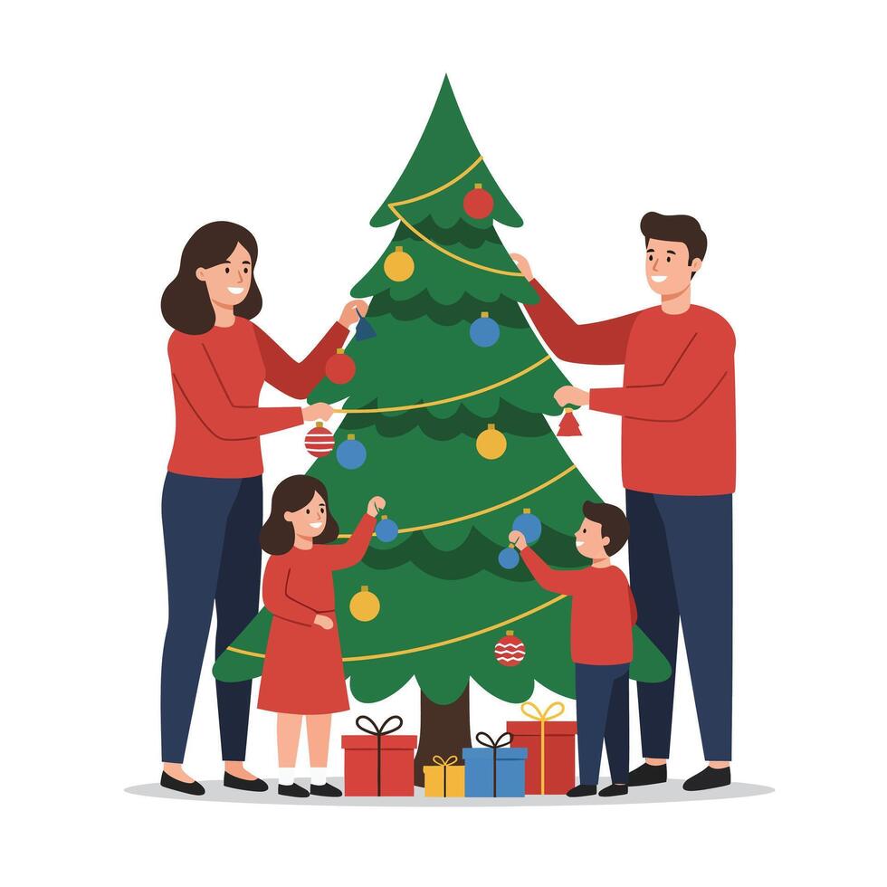 Family decorating a Christmas tree in a flat design illustration vector