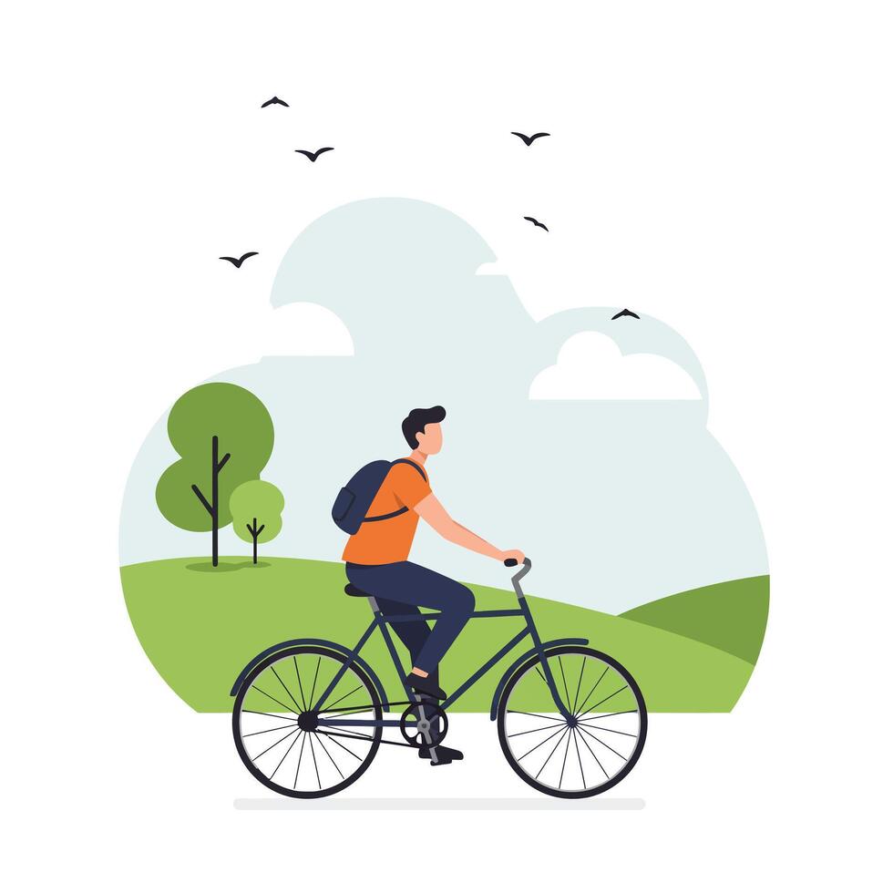 Man riding bicycle through green landscape in flat art vector