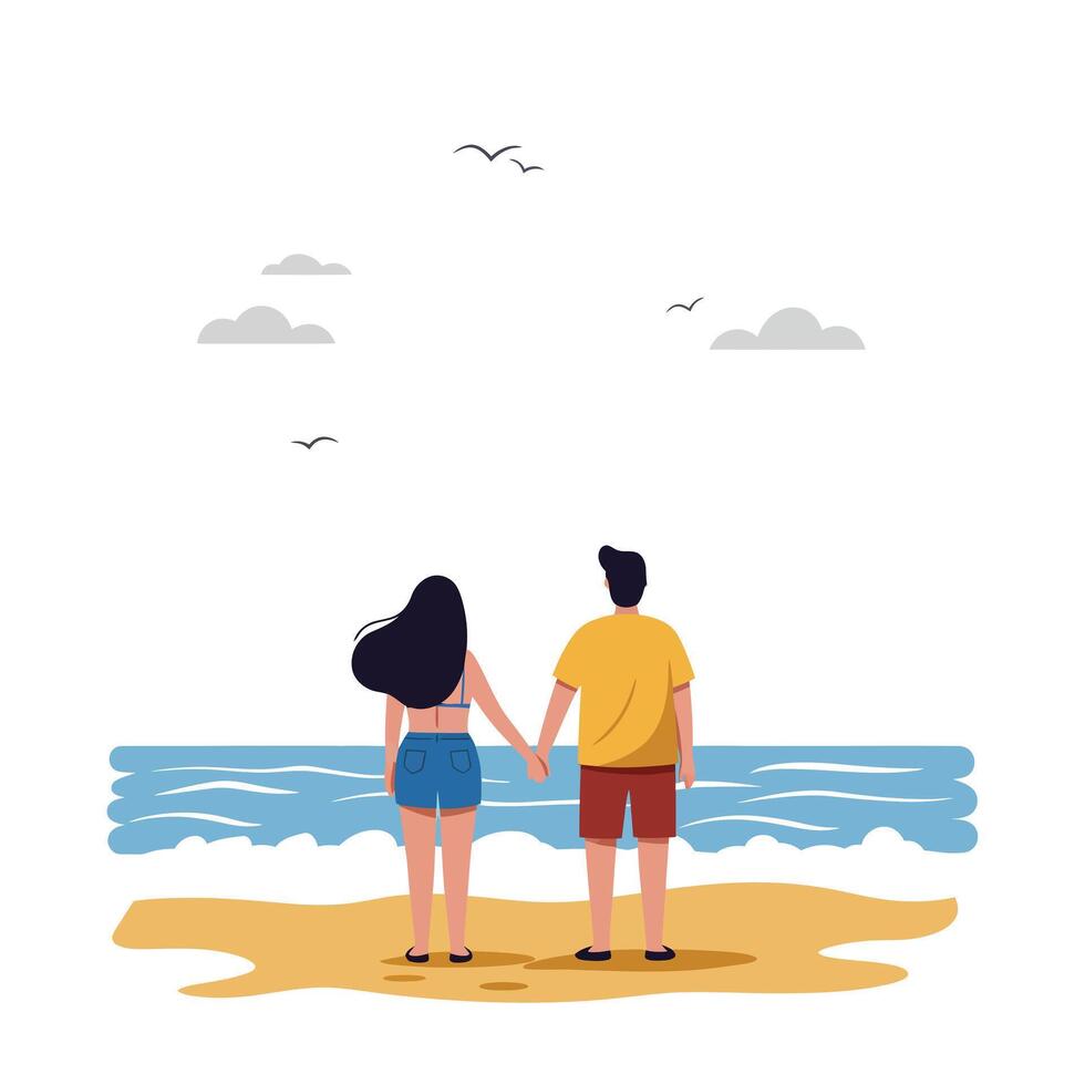 Couple Holding Hands at the Beach in Minimal Flat Style Art vector