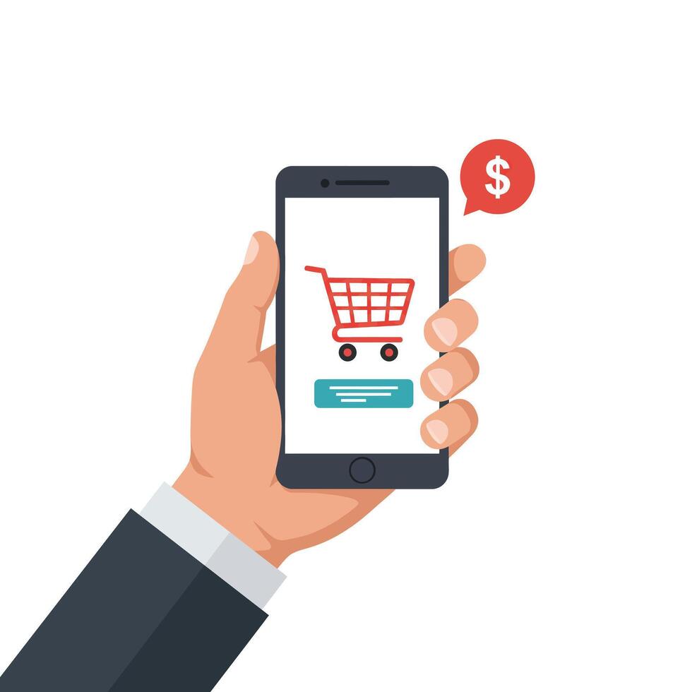 Hand holding smartphone displaying shopping cart icon in flat art vector