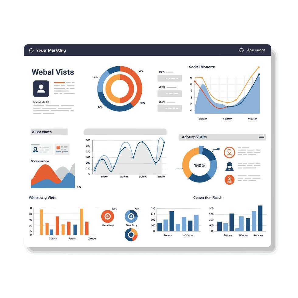 Marketing dashboard design featuring graphs and charts in flat art style vector