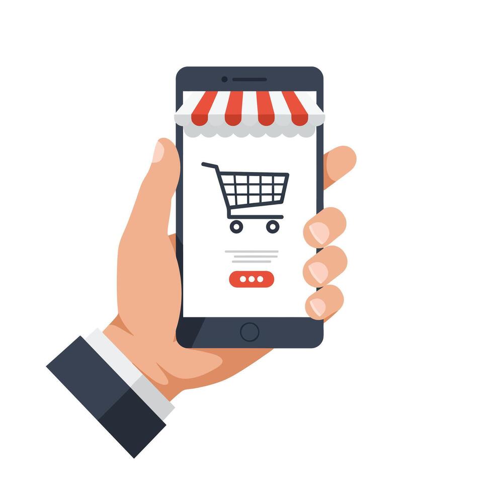 Hand holding smartphone with shopping cart icon in flat design art vector