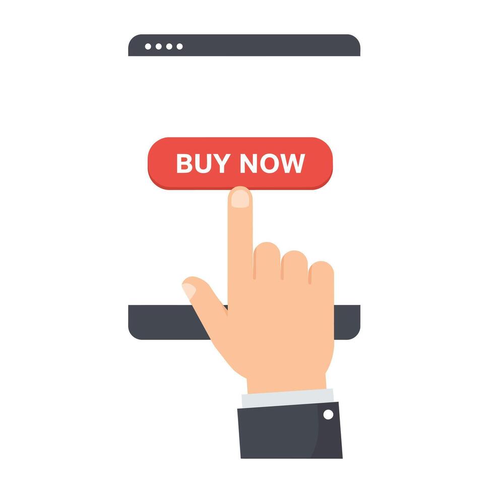 Hand pressing buy now button on smartphone in flat art vector