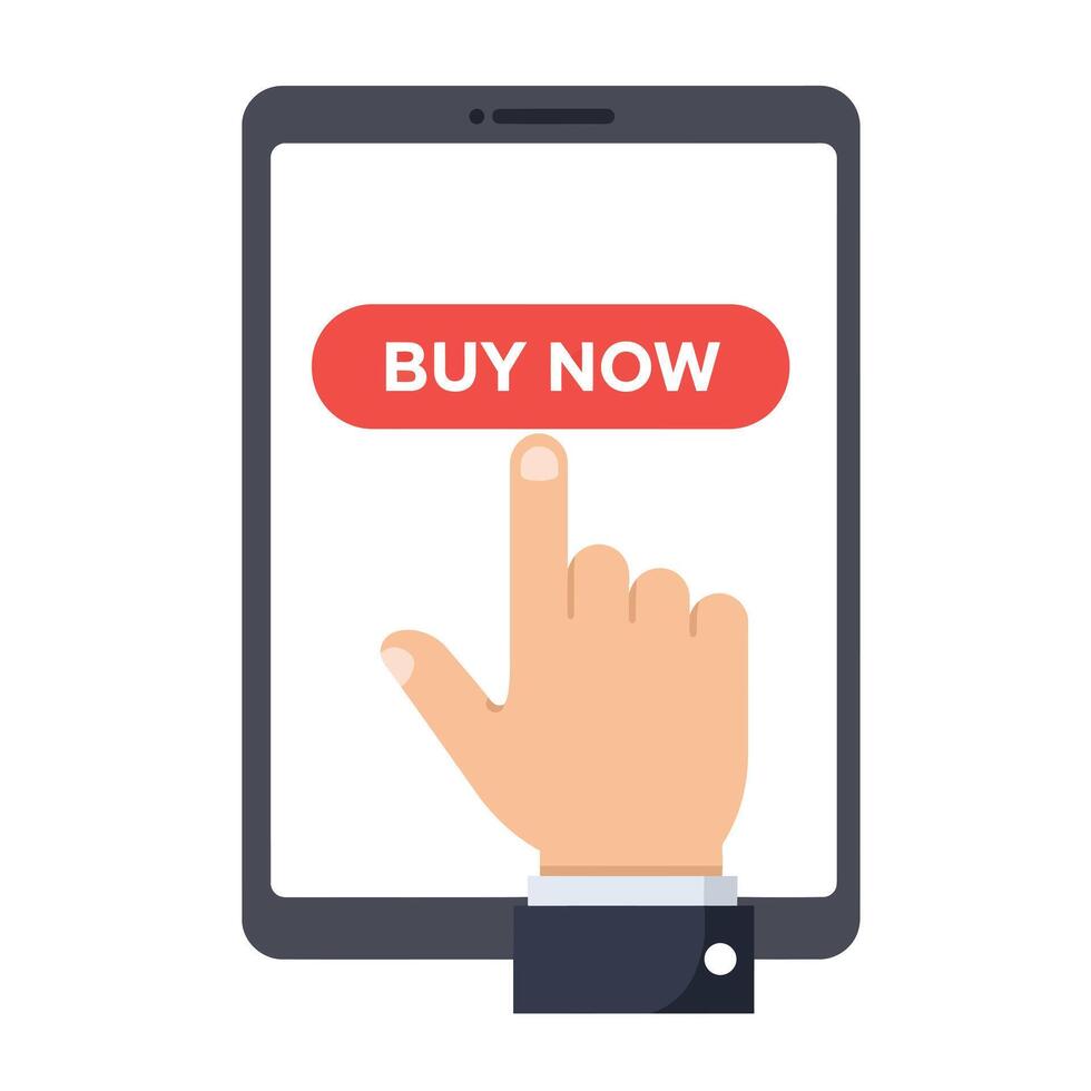 Hand pressing a buy now button on a tablet in flat art vector