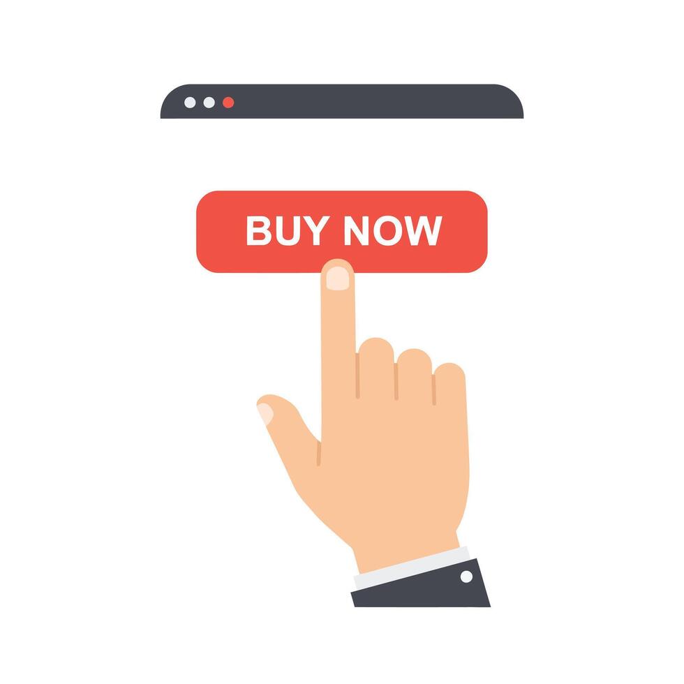 Hand pressing red buy now button on smartphone minimal illustration vector
