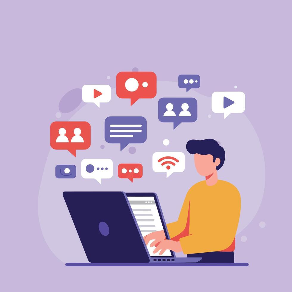 A Person using laptop with social media icons in flat illustration. vector