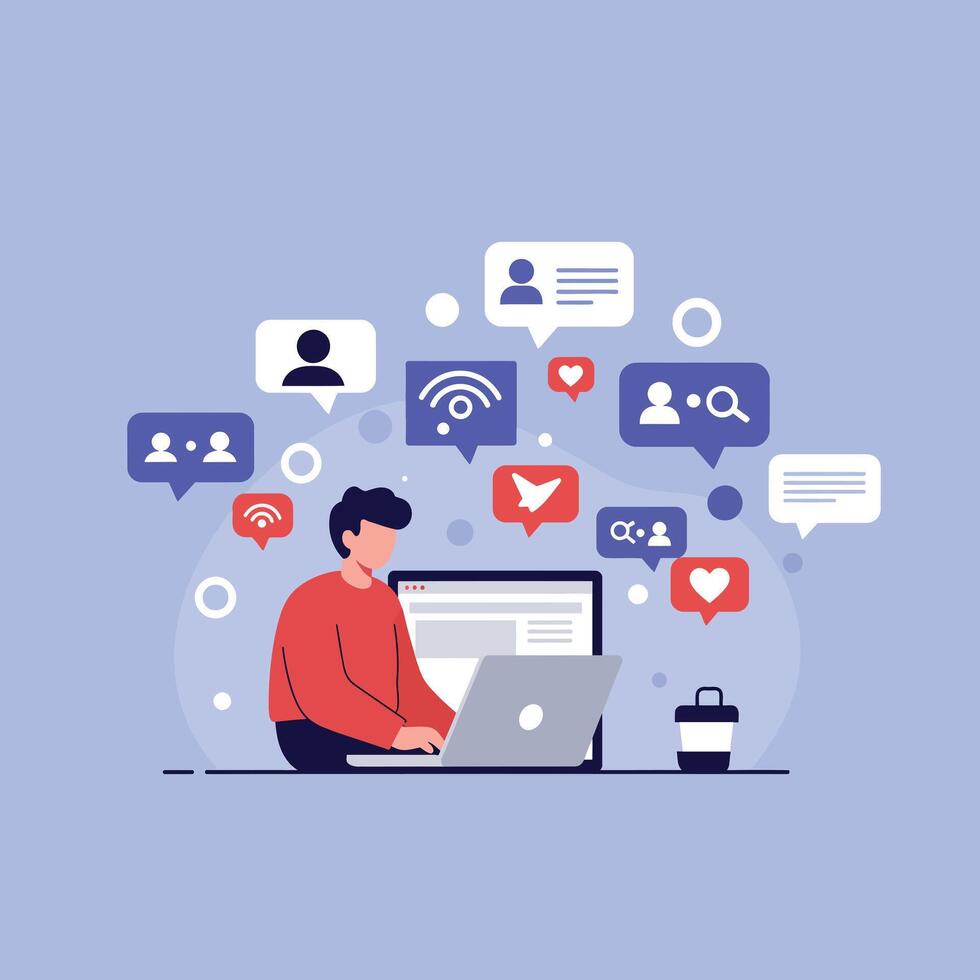 Person using laptop with social media icons in flat illustration vector