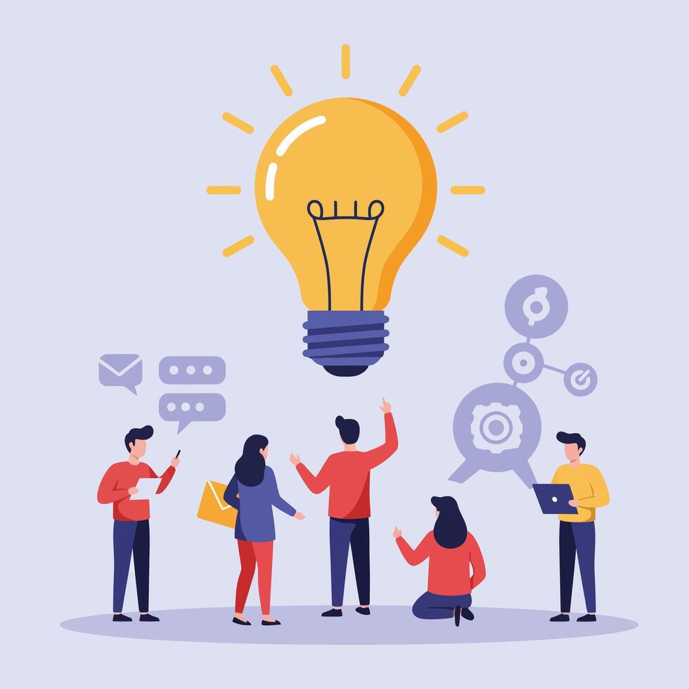 Team brainstorming ideas with lightbulb concept in flat art style vector