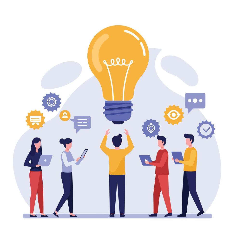 Team brainstorming ideas with light bulb concept in flat art vector