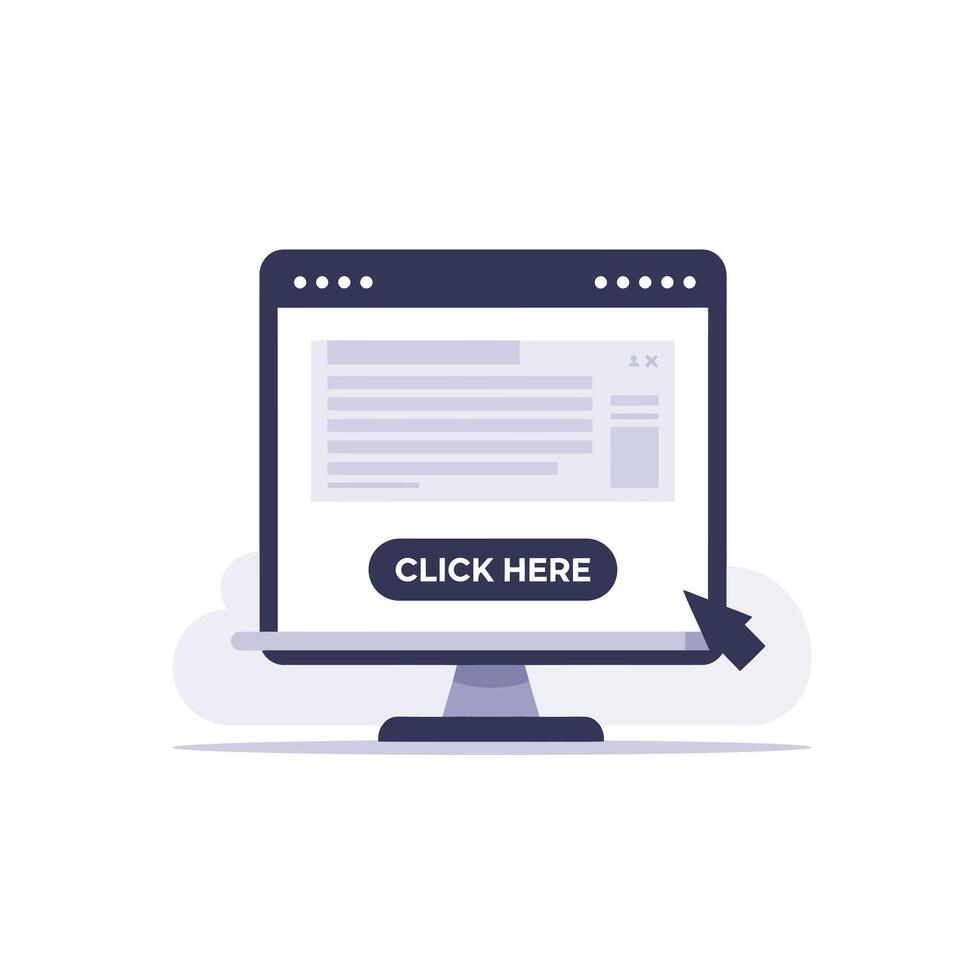 Computer monitor displaying website content with flat design art vector