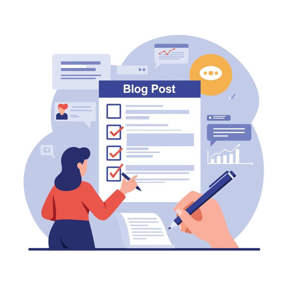 Woman Reviewing Checklist for Blog Post Creation in Flat Art vector