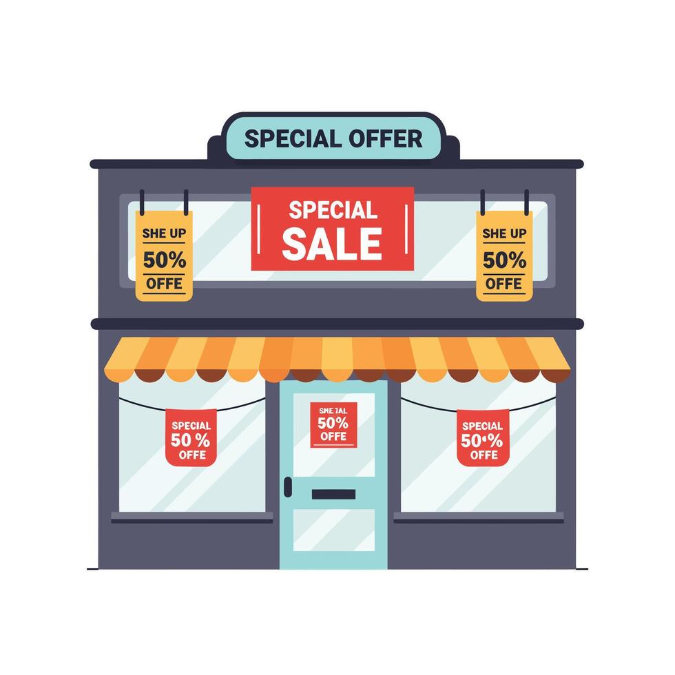 Retail storefront featuring sale banners in flat style art vector