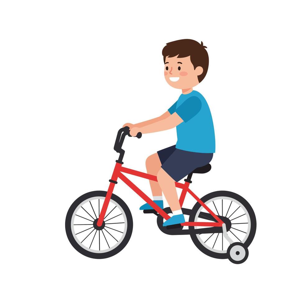 Young boy riding a red bicycle in flat illustration style vector