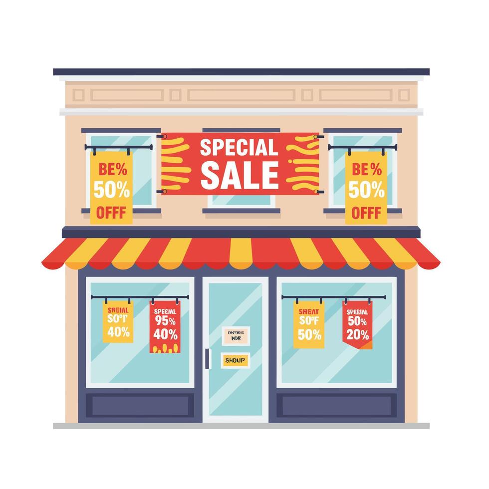 Retail storefront with sale banners in flat design art vector