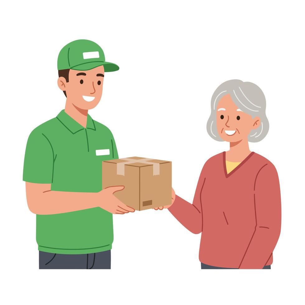 Delivery person handing package to smiling elderly woman in flat art vector
