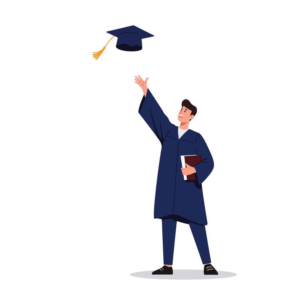 Graduate celebrating achievement in flat art style with cap and diploma in hand illustration vector