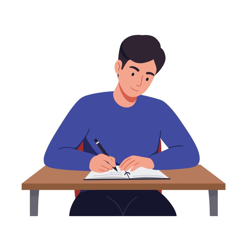 Young man writing in a notebook with flat art style illustration vector