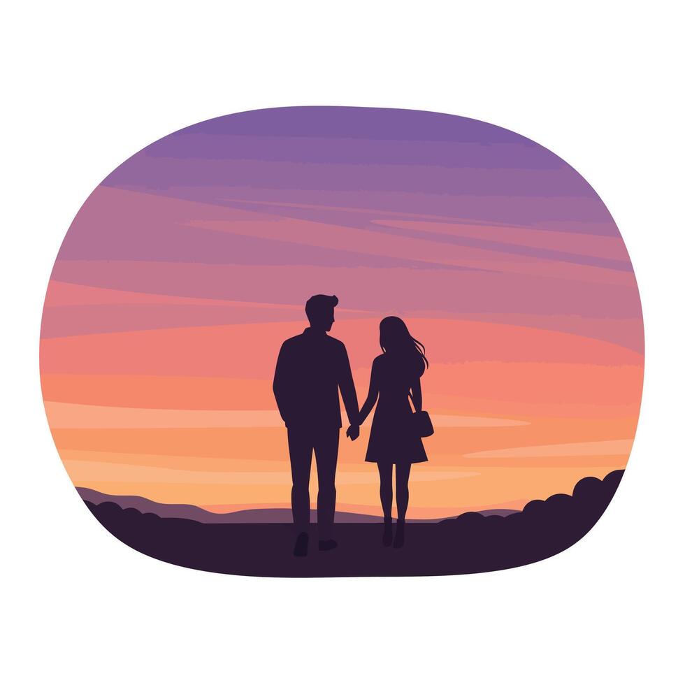 Silhouetted couple holding hands against a sunset background in minimal art vector