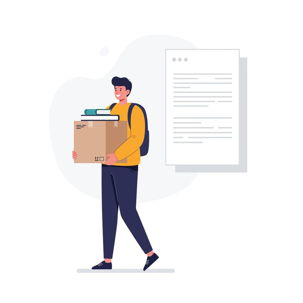 Young man carrying books and box in flat art style illustration vector