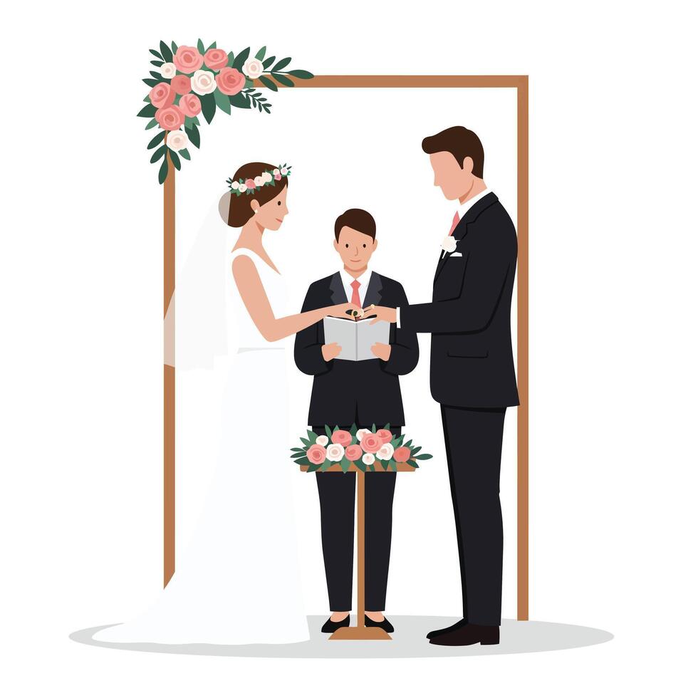 Wedding ceremony with bride, groom, and boy in minimal flat art vector