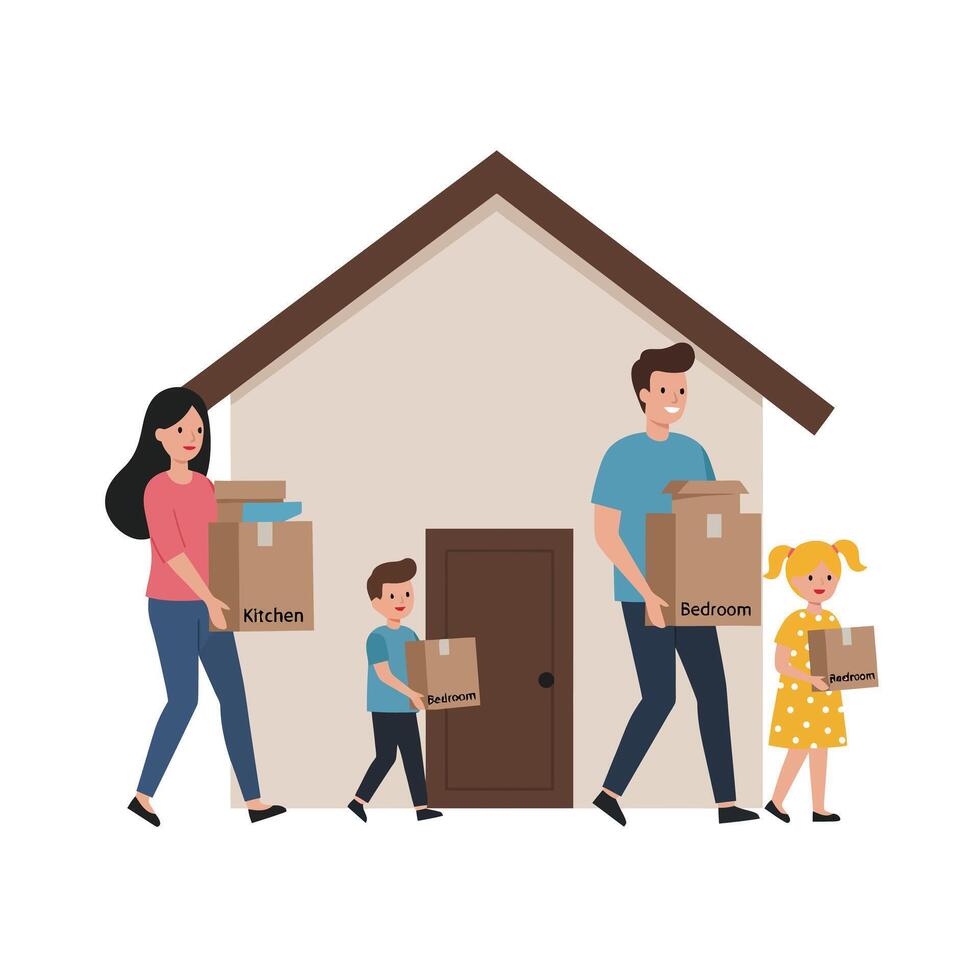 Family carrying boxes into house with flat design style art vector