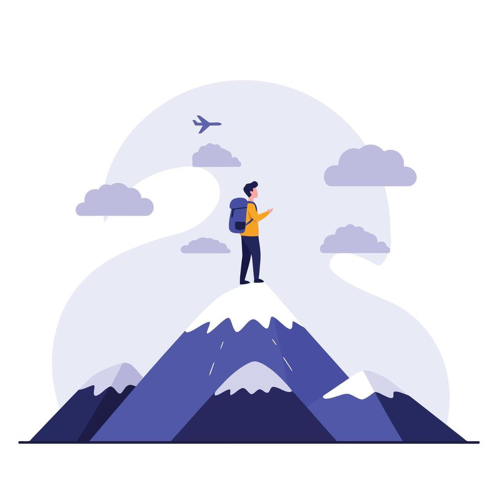 Man standing on mountain peak with backpack in flat art vector