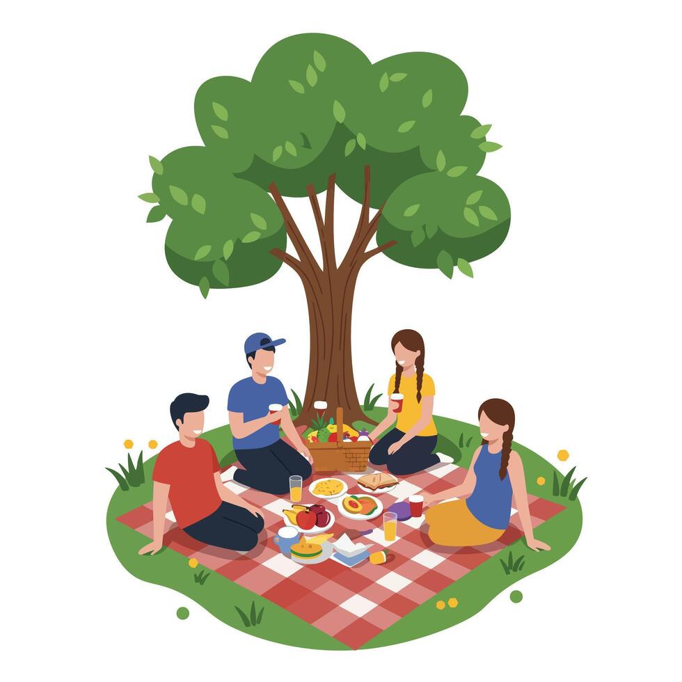 Group of friends enjoying a picnic under a large tree in flat art vector