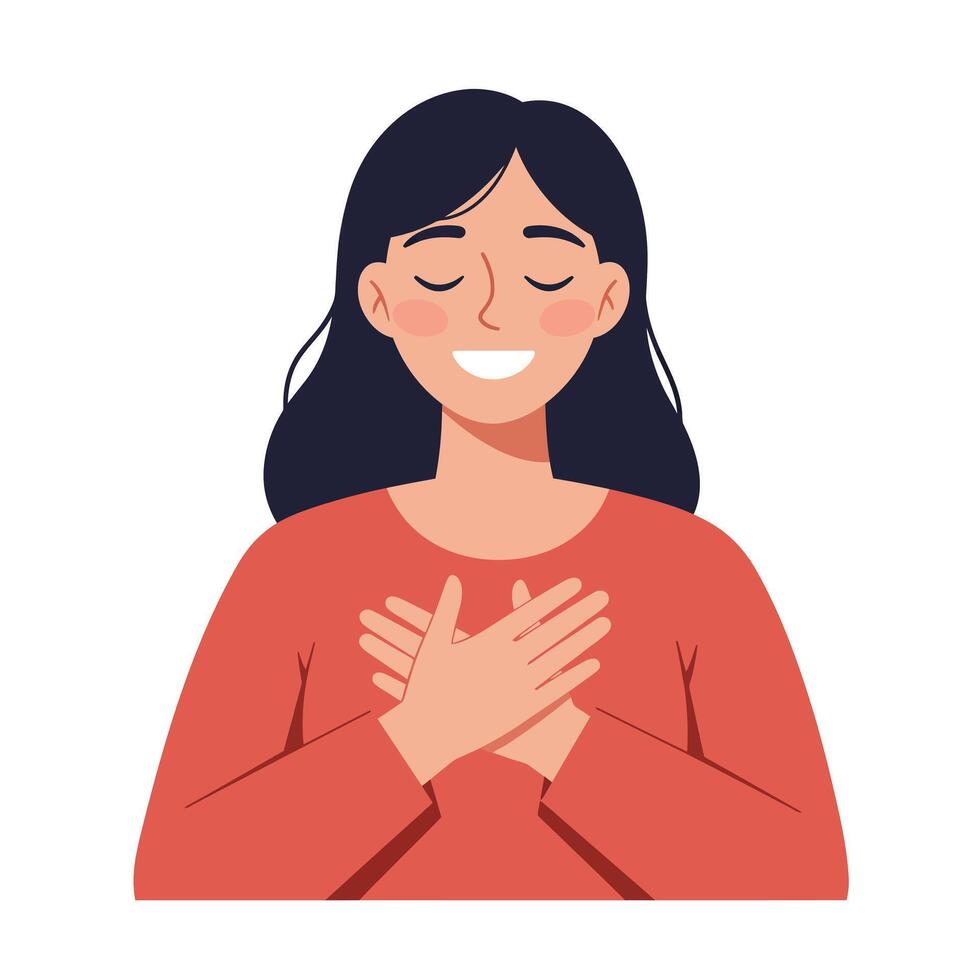 Smiling woman expressing gratitude in flat style art vector