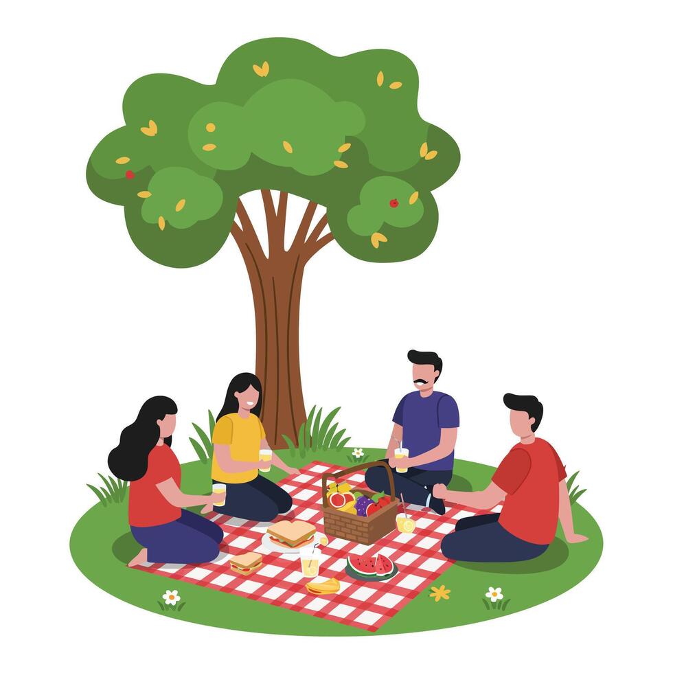 Group enjoying a picnic under a large tree in flat art style vector