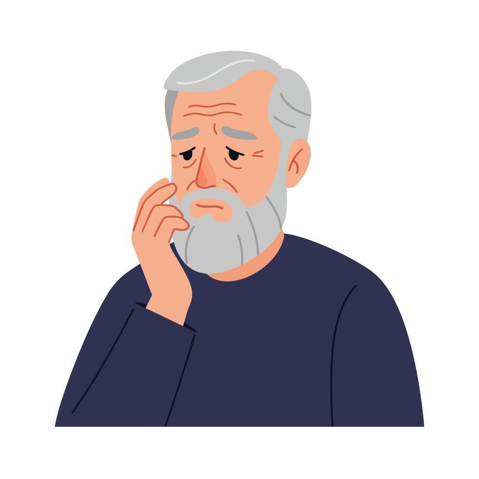 Thoughtful elderly man in flat design style expressing emotions in art vector