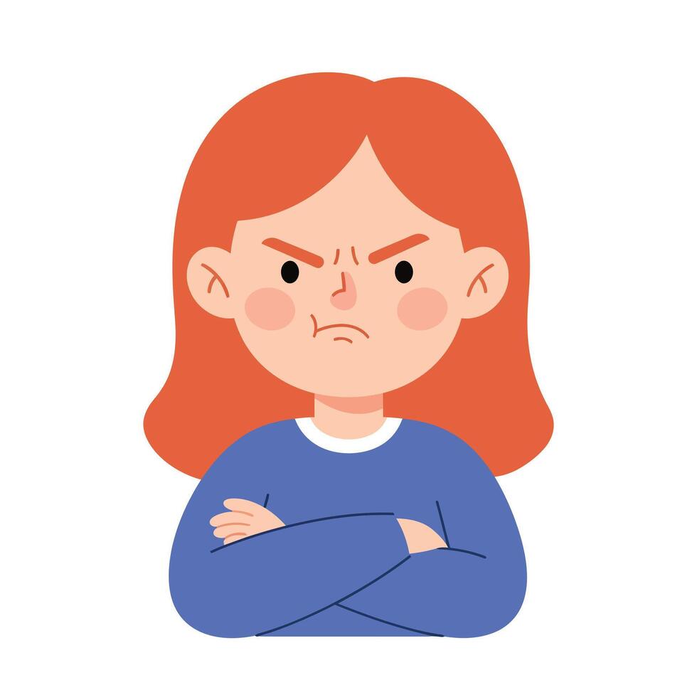 Angry girl with crossed arms in flat design art vector