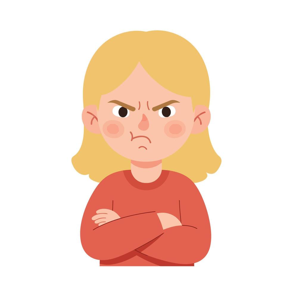 Angry girl with crossed arms in minimal flat design art vector