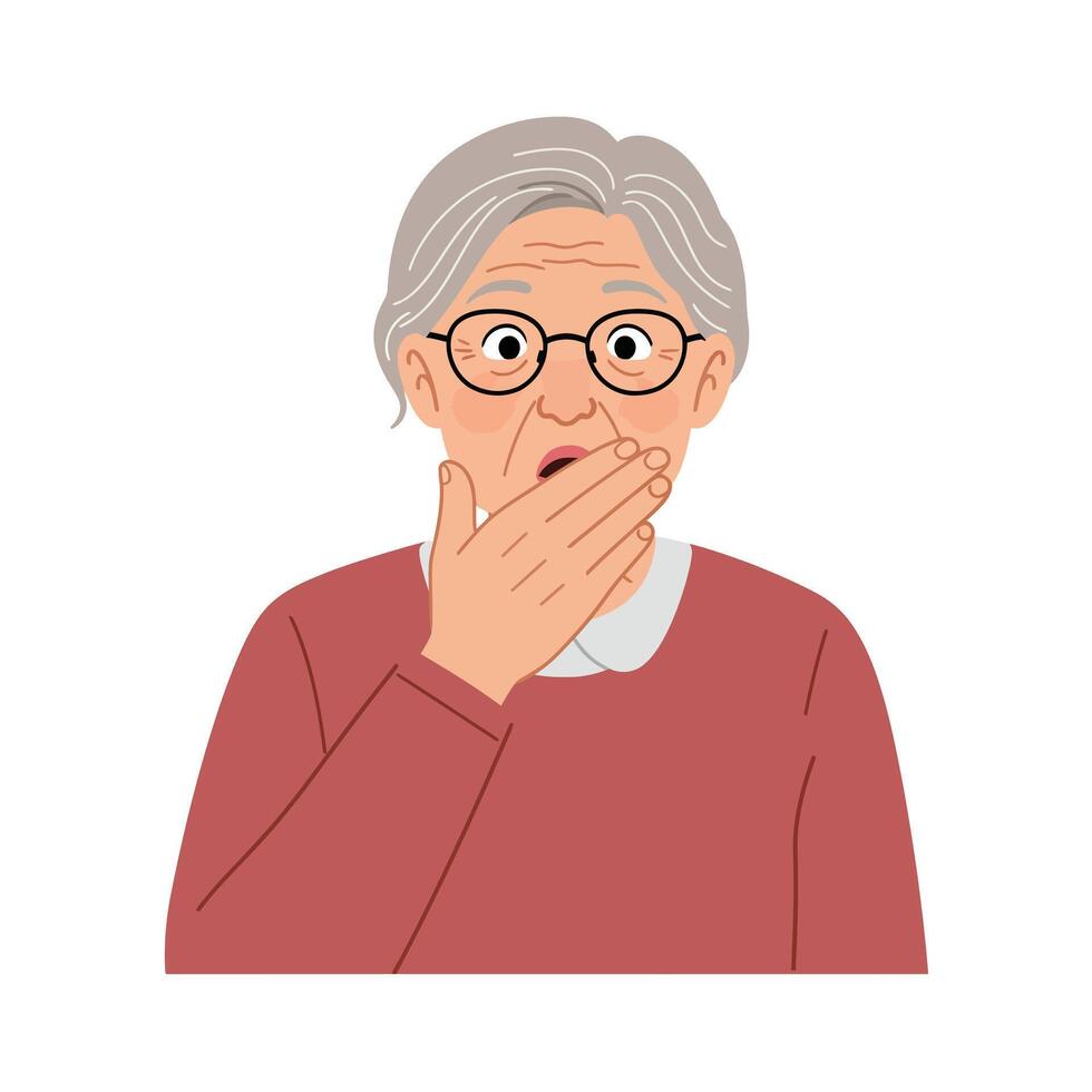Elderly woman expressing surprise in flat design style art vector