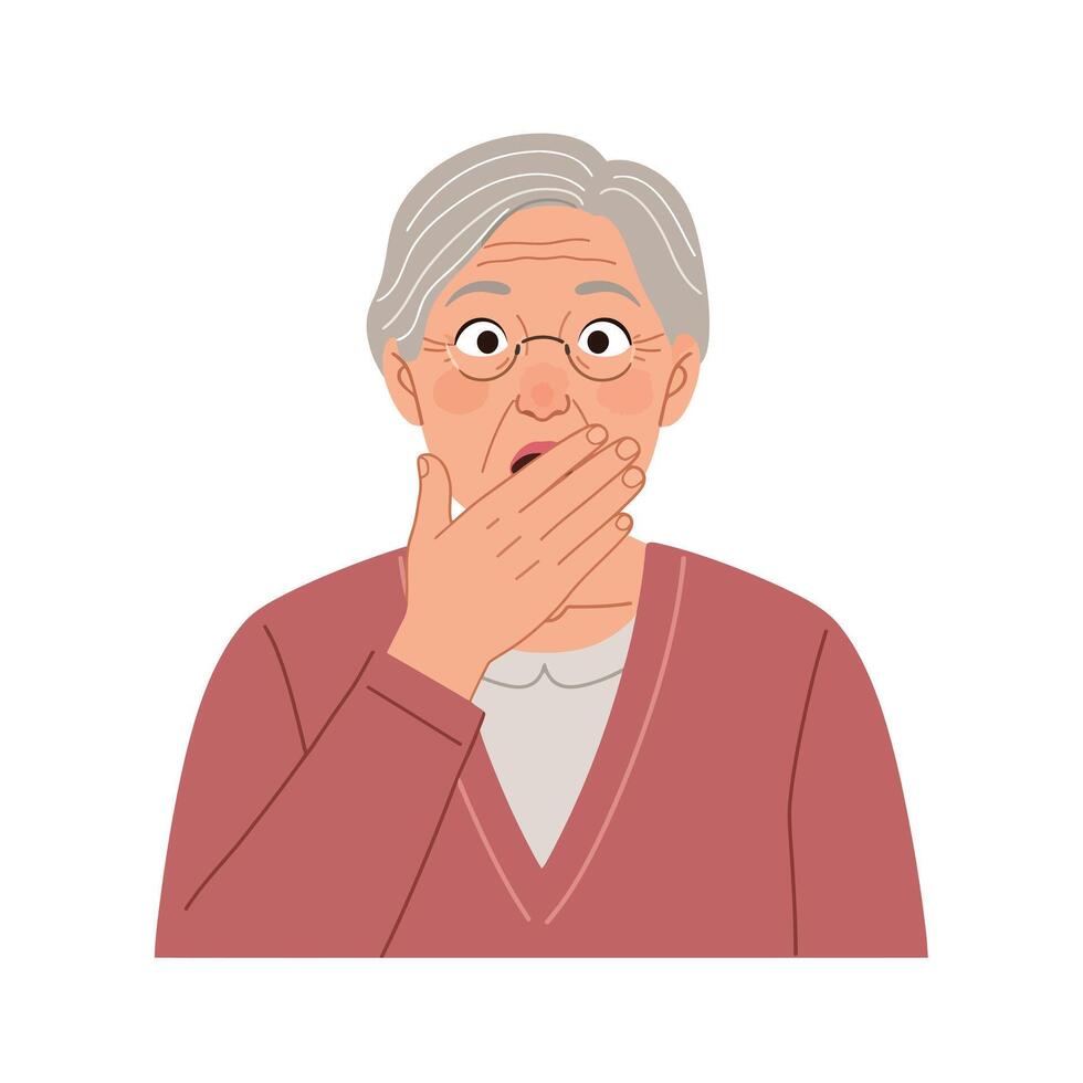 Elderly woman expressing surprise with hand on mouth in flat art vector