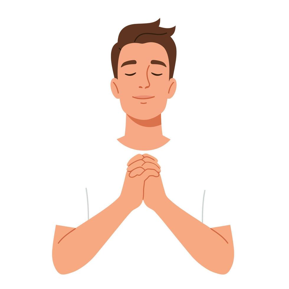 Man with closed eyes showing gratitude in flat art style vector
