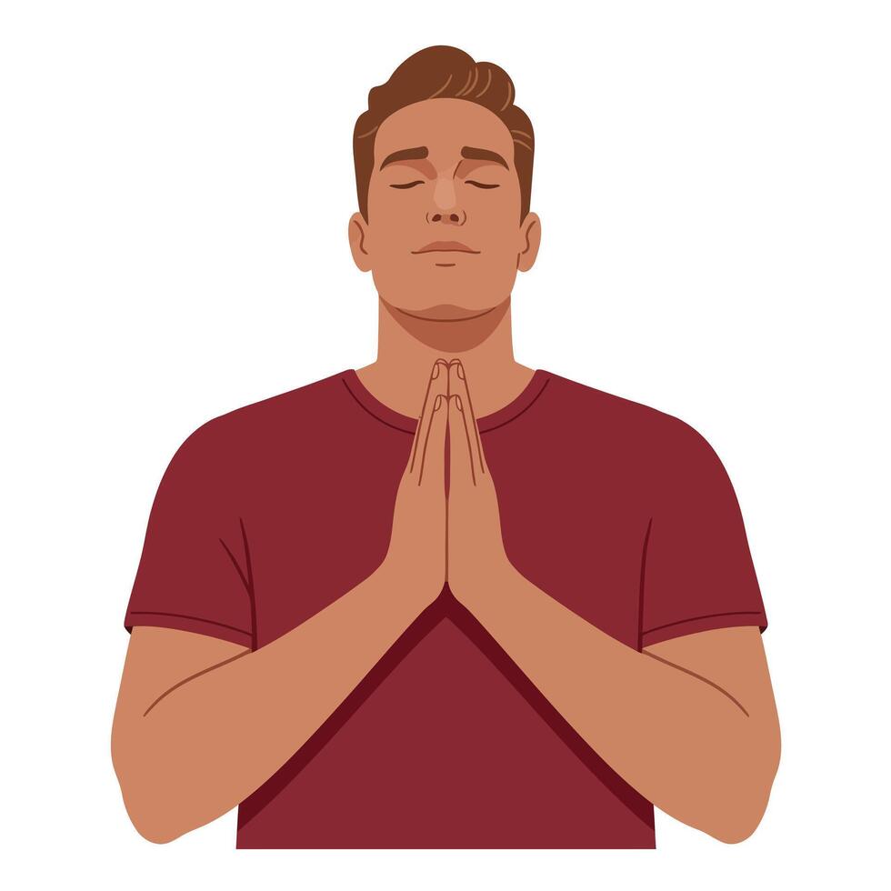 Man with closed eyes and hands together in prayer flat art vector