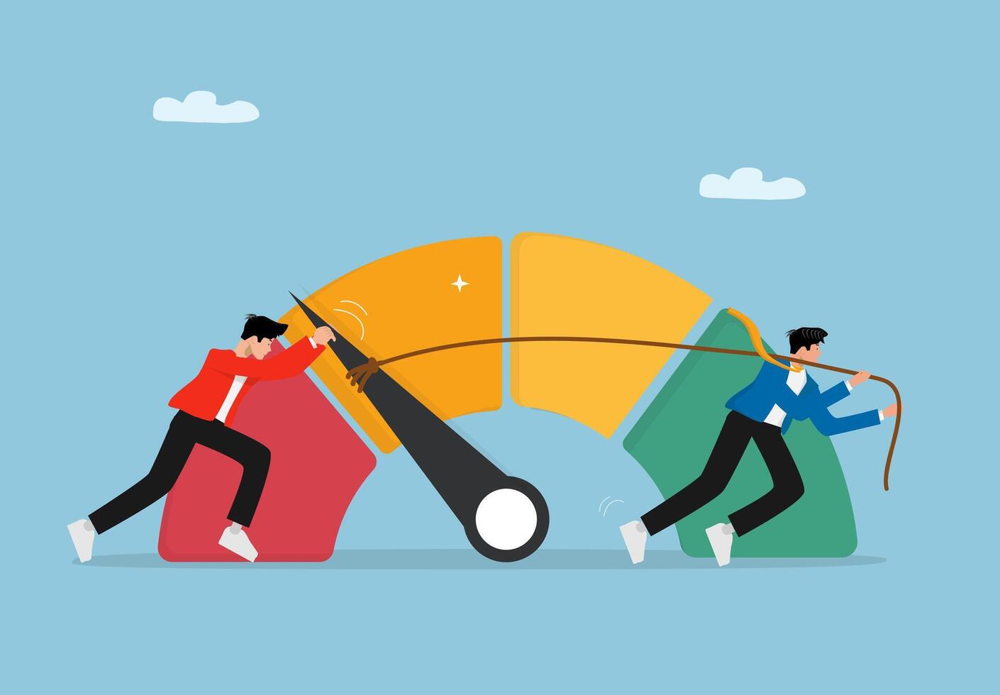 two business people pulling on a speedometer vector