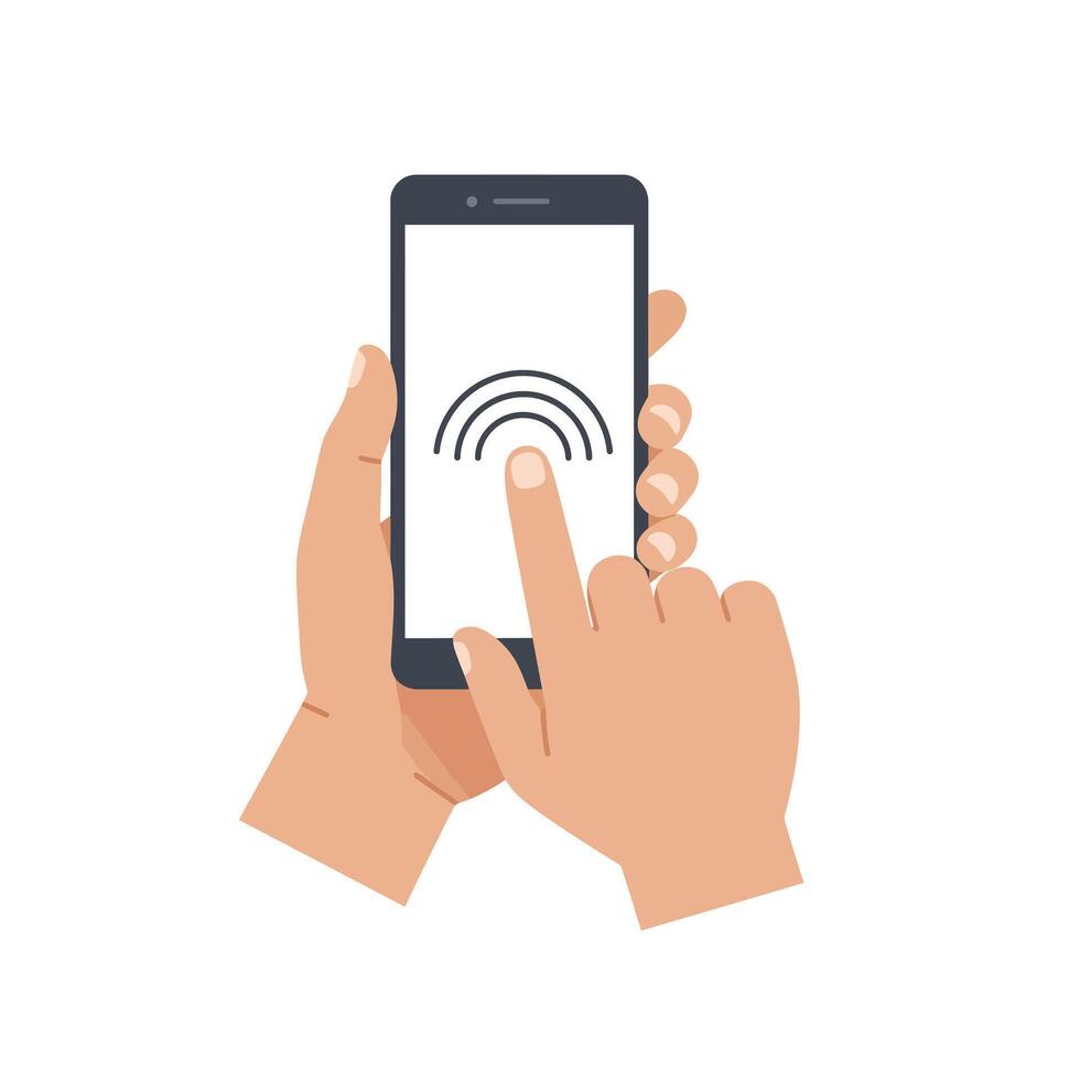 Hand holding a smartphone with touch interaction in flat art vector