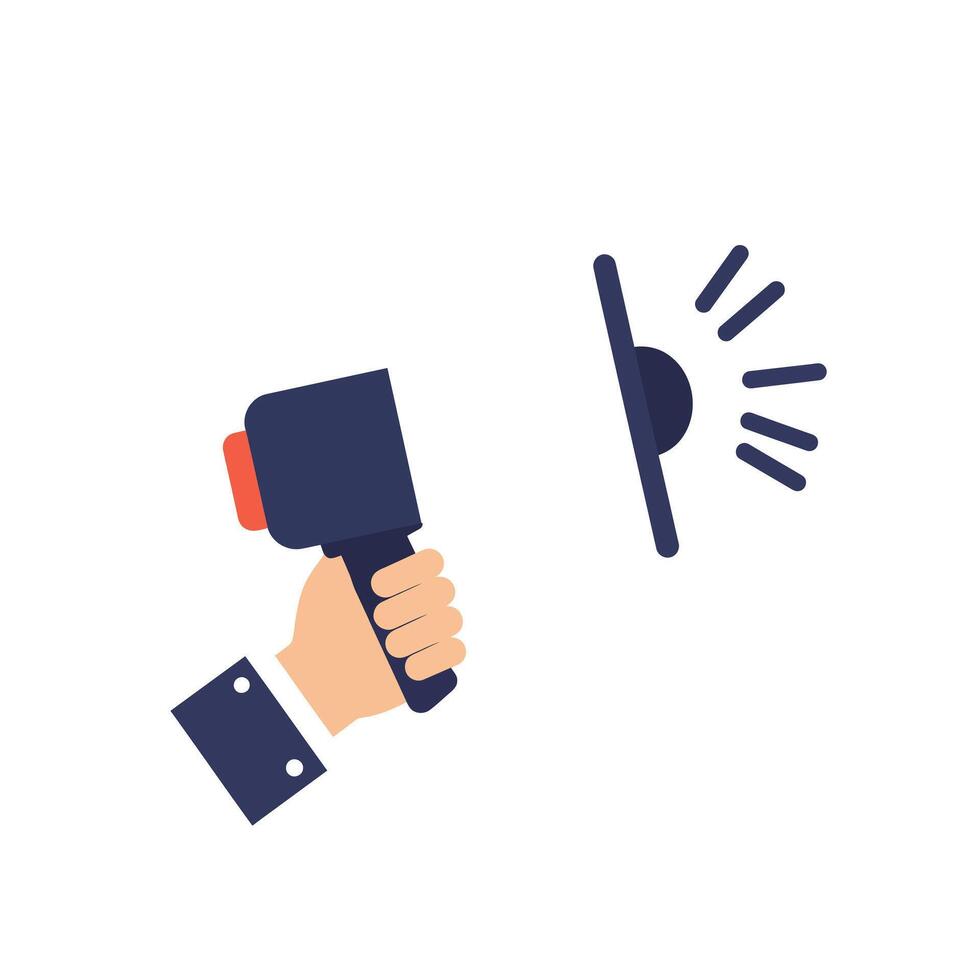 Hand holding mallet striking bell in flat style illustration vector