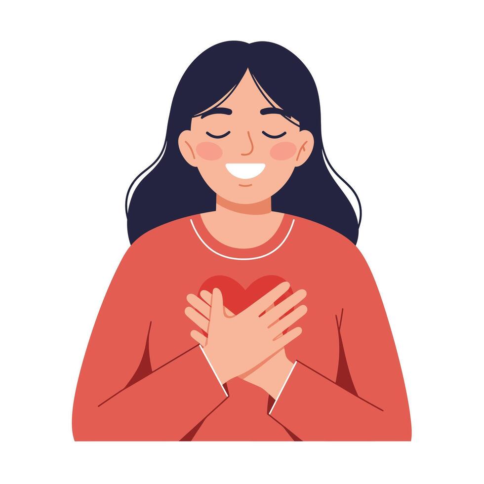 Woman with heart gesture showing gratitude in flat art vector