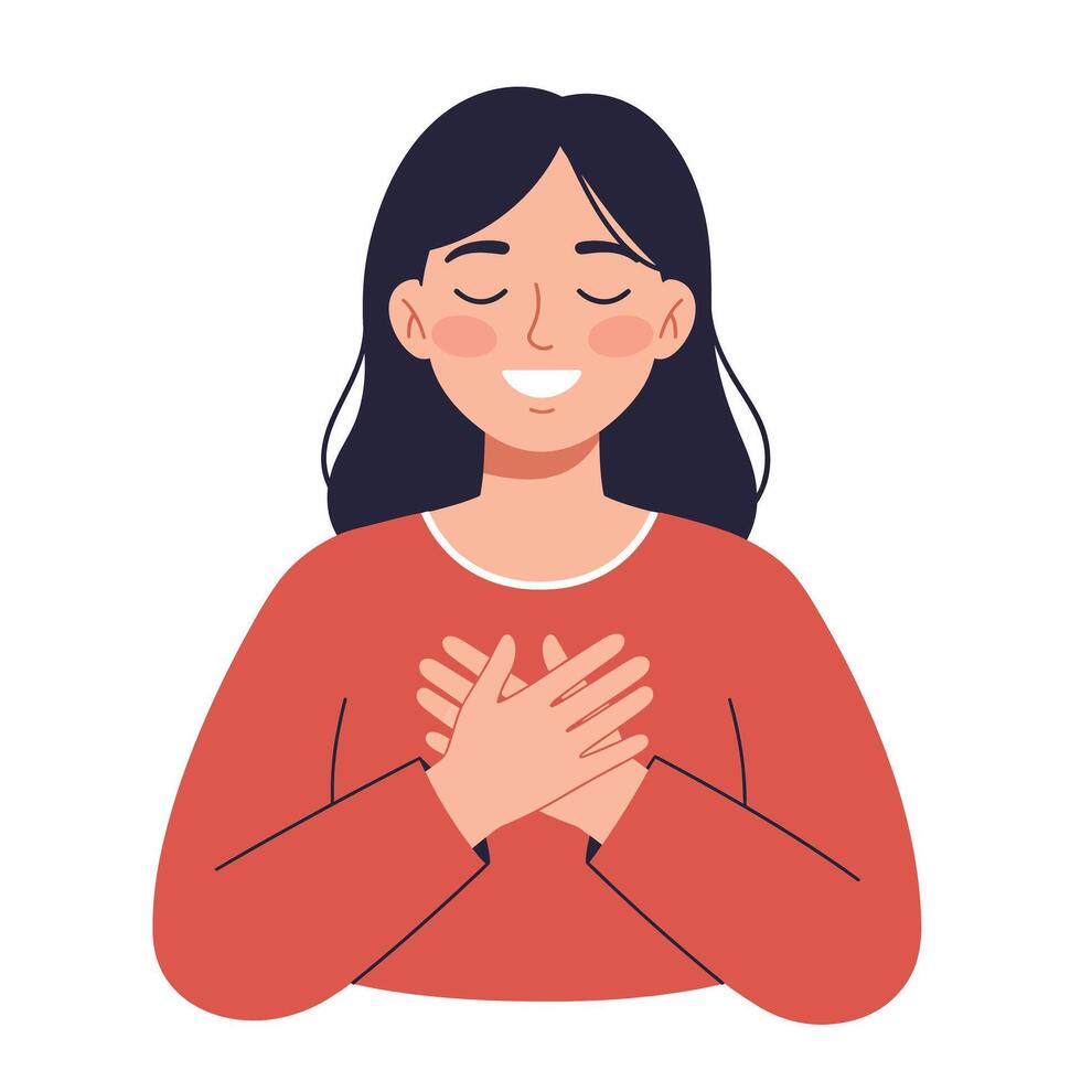 Happy woman expressing gratitude in minimal flat illustration art vector