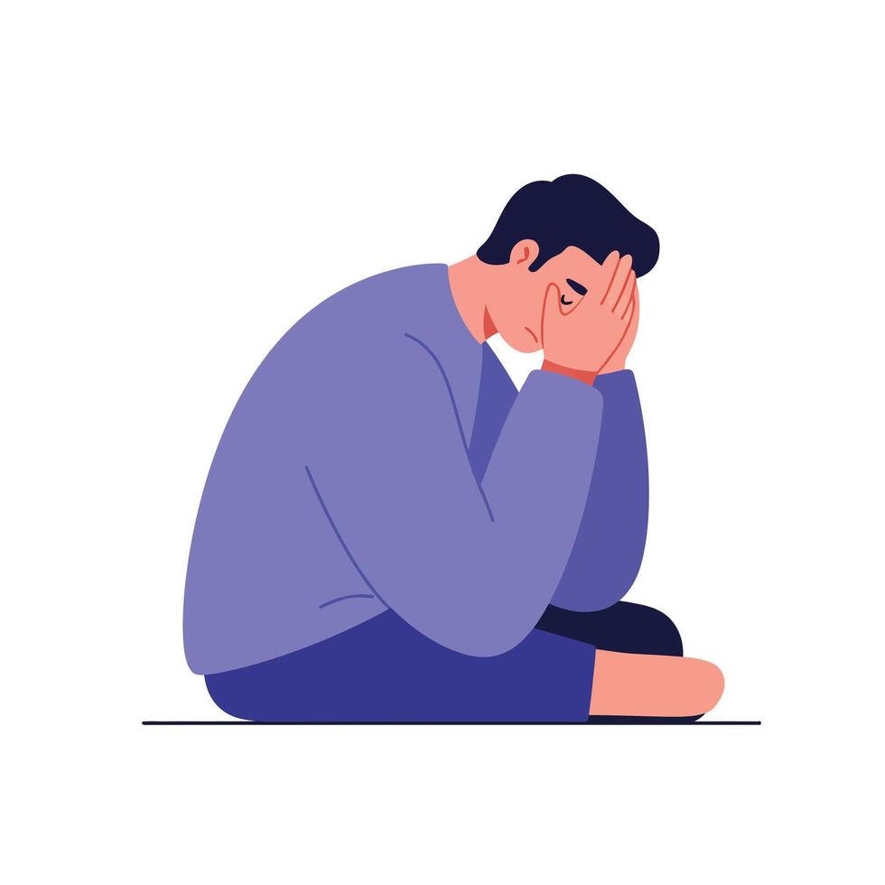 Sad man sitting with head in hands in flat art style vector