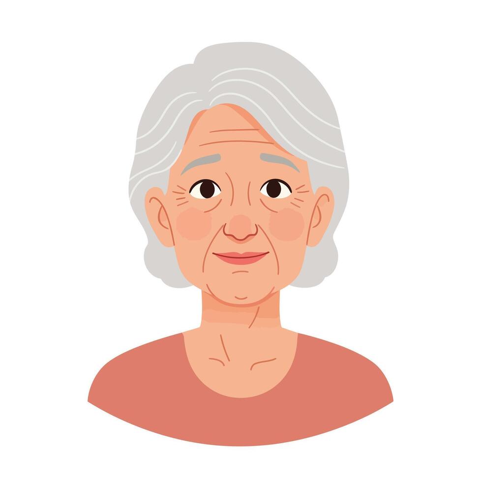 Elderly woman character design in flat style showcasing facial expressions in art vector