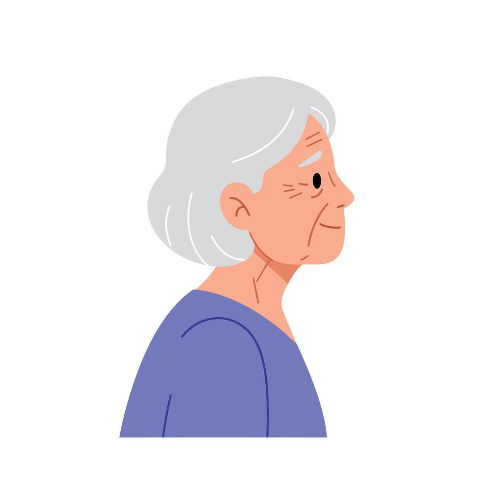 Elderly woman profile illustration in flat design style, detailed art vector
