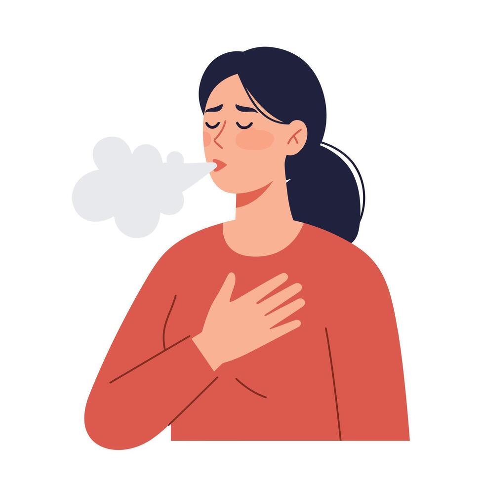 Woman exhaling with hand on chest in flat art style vector